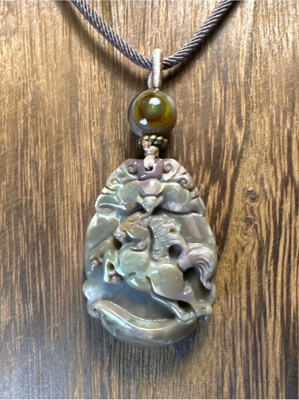 Alashan Agate Horse Carving Pendant Necklace on Brown Rope - Picture 3 of 16